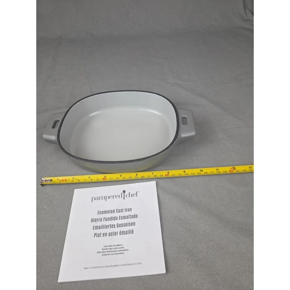 Pampered Chef GRAY Enameled CAST IRON 1 Qt BAKER Handles Casserole